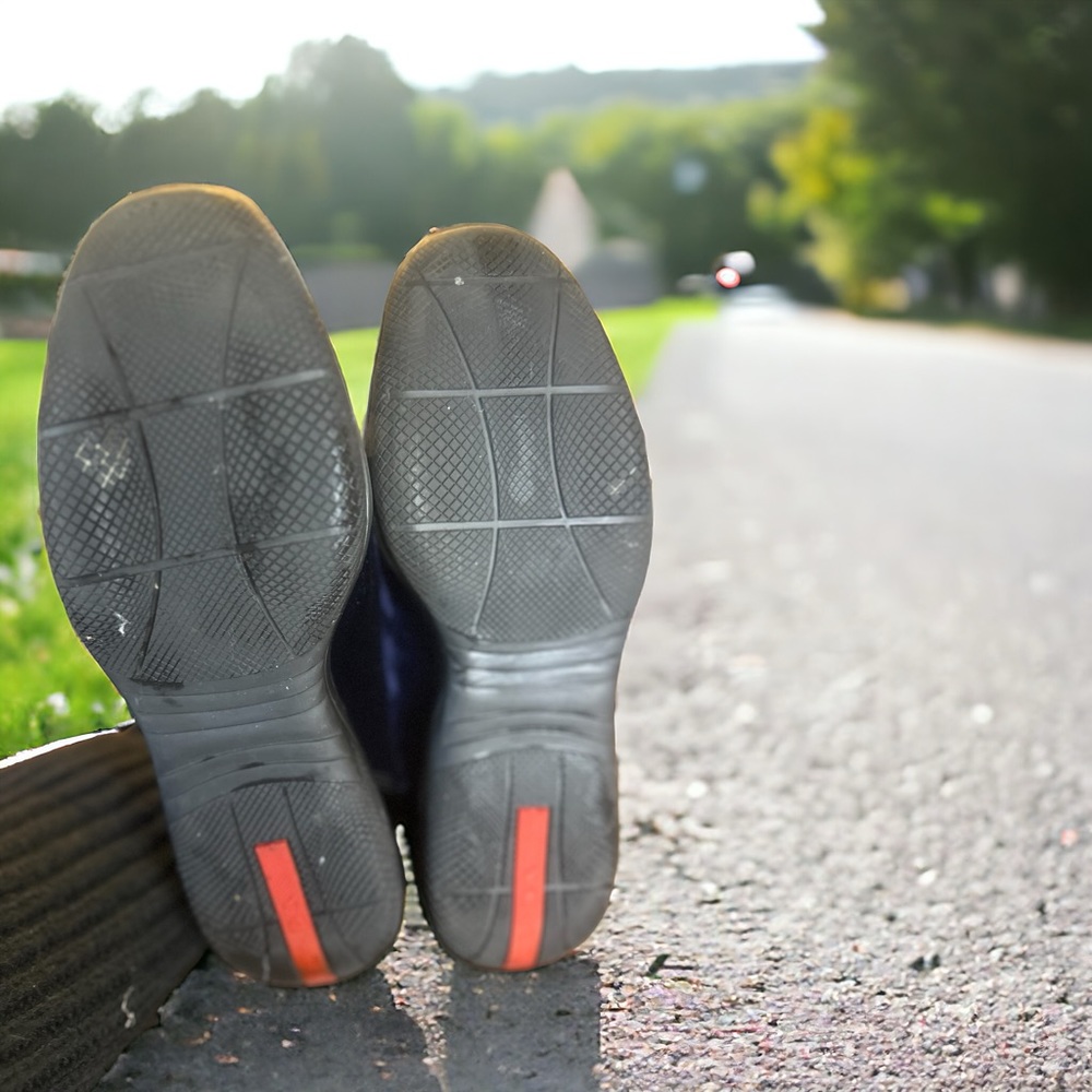 Authentic Prada Men's Blue Velvet and Black Patent Leather Lace Up Running Shoes - Picture 6 of 12